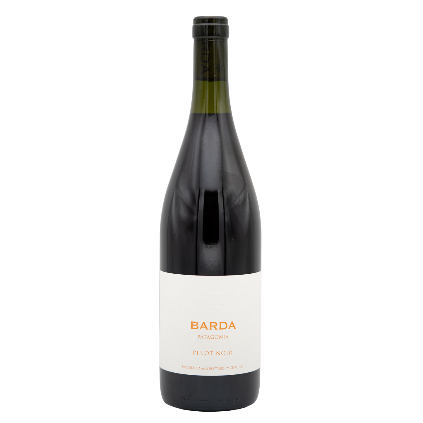 Bottle of LEA AND SANDEMAN Bodega Chacra Barda Pinot Noir red wine showing the label and dark glass bottle.