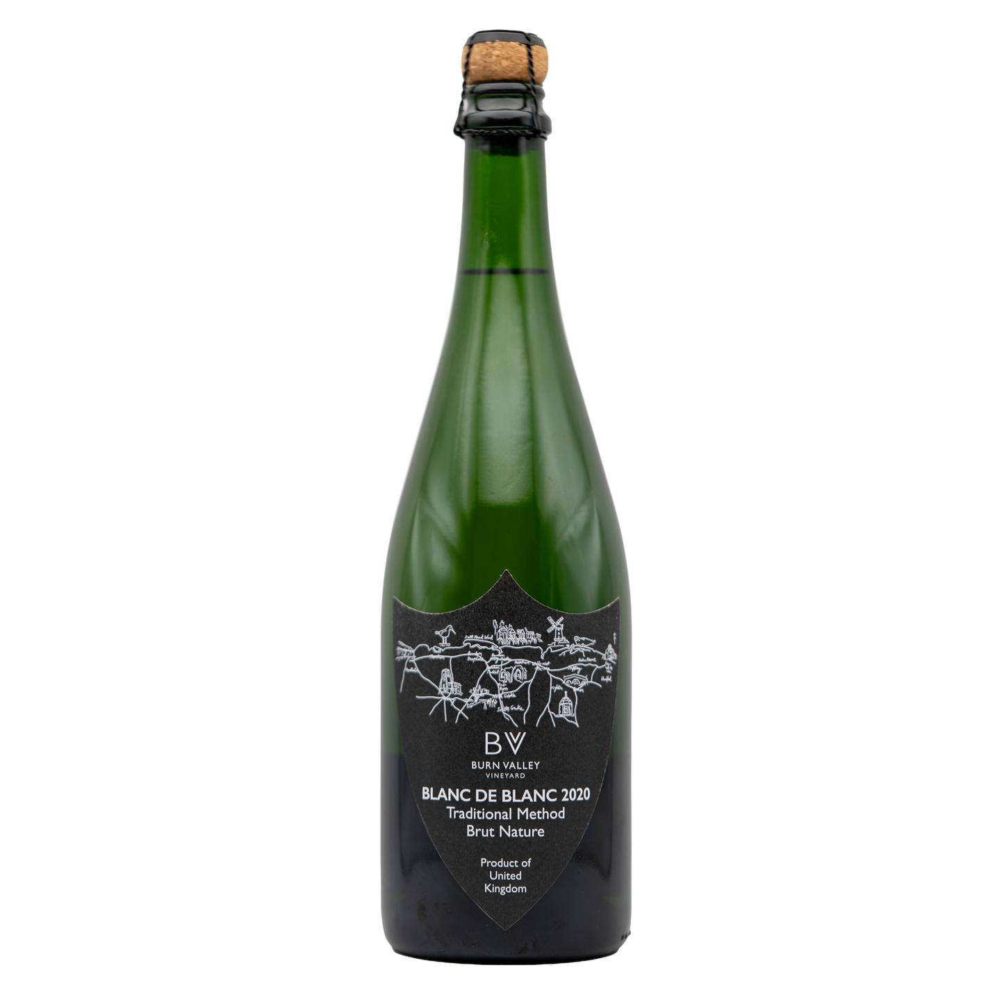 Bottle of Burn Valley Vineyard Blanc de Blanc sparkling wine with a clear label and foil top, set against a neutral background.