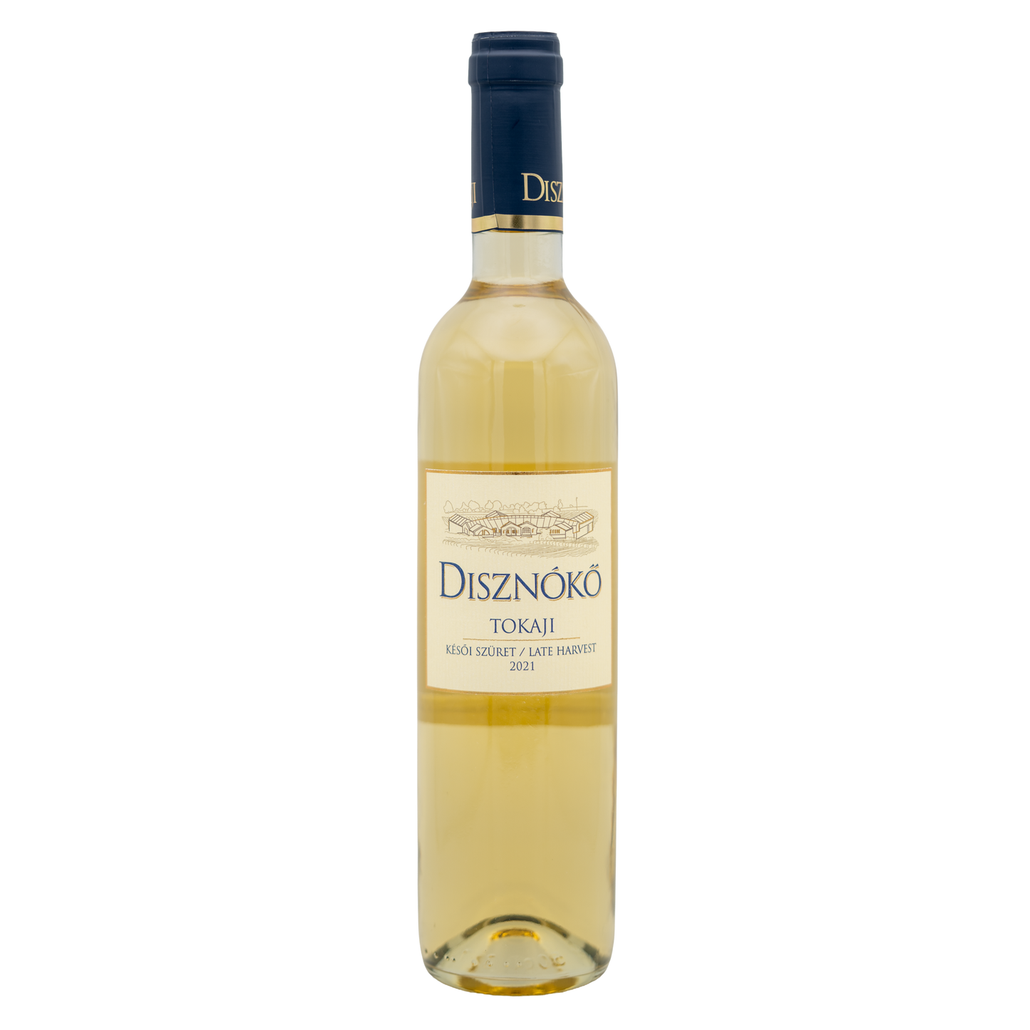 Disznókő Tokaji Late Harvest white wine bottle with label, showcasing elegant packaging and golden accents.