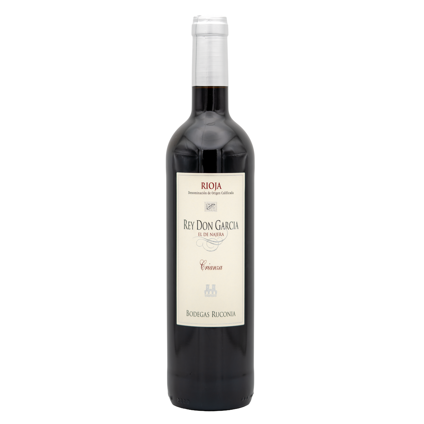 Bodegas Ruconia Rey Don García Rioja Crianza red wine bottle with label, showcasing its elegant design and deep red color.