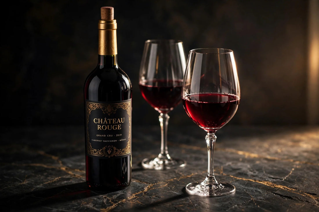 Elegant red wine bottle and glasses on a dark marble surface, lit dramatically.