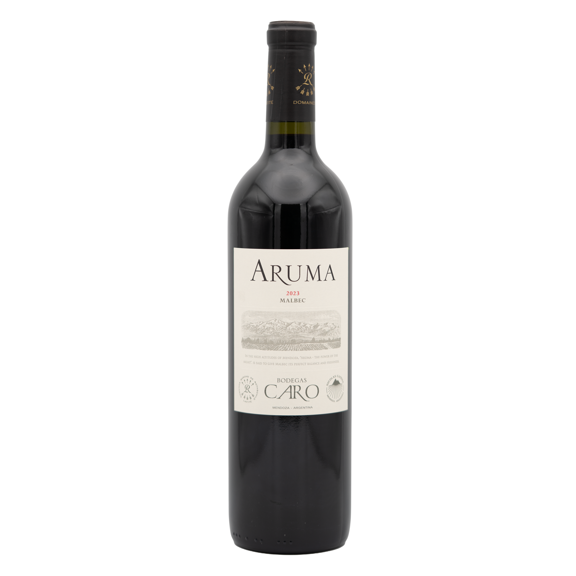 Bottle of Bodegas Caro ‘Aruma’ Malbec red wine from Lea and Sandeman, featuring a dark glass bottle with a colorful label.
