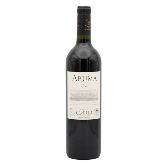 Bottle of Bodegas Caro ‘Aruma’ Malbec red wine from Lea and Sandeman, featuring a dark glass bottle with a colorful label.