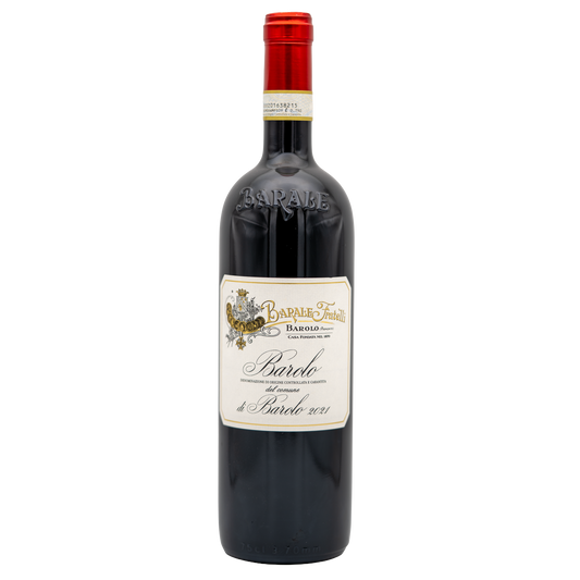 Lea and Sandeman Barale Fratelli Barolo di Barolo red wine bottle with label and deep red color.