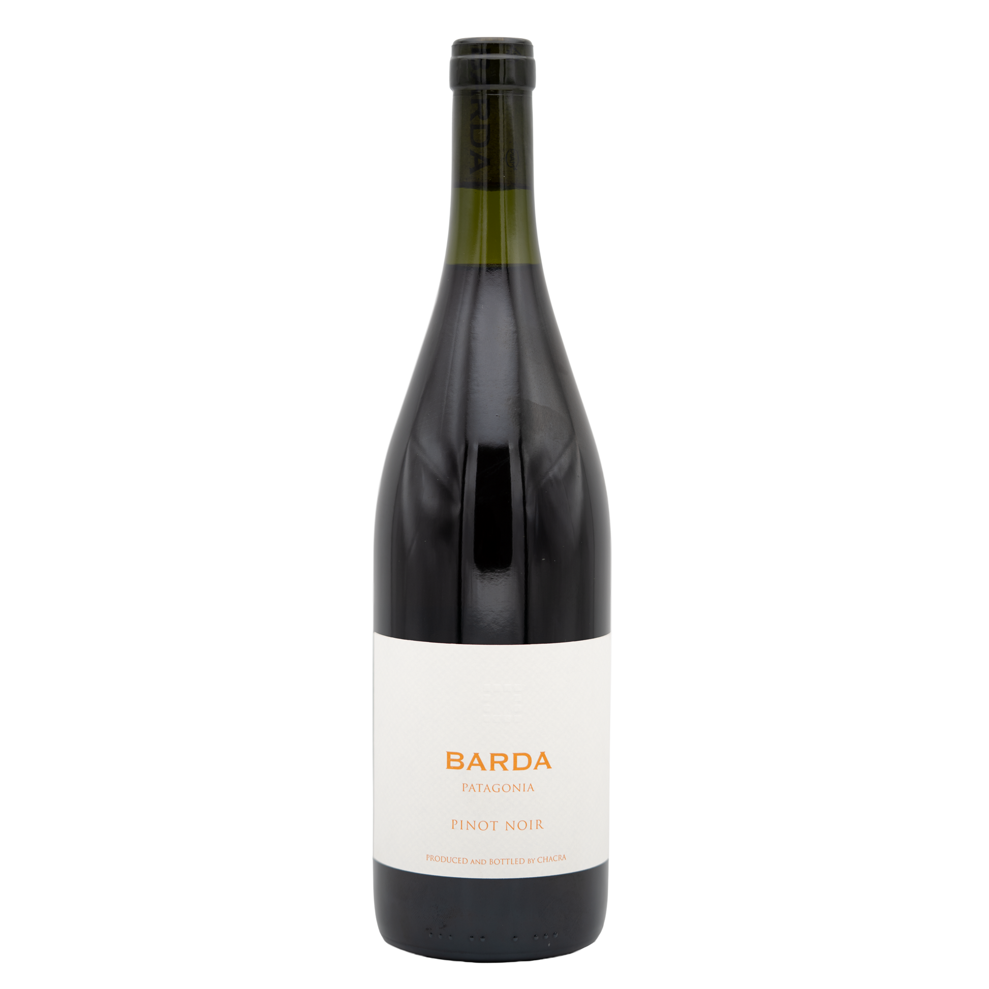Bottle of LEA AND SANDEMAN Bodega Chacra Barda Pinot Noir red wine showing the label and dark glass bottle.