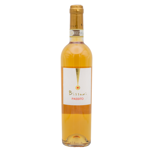 Bissoni Albana di Romagna Passito white wine bottle from Lea and Sandeman, with a label showcasing elegant design and golden accents.