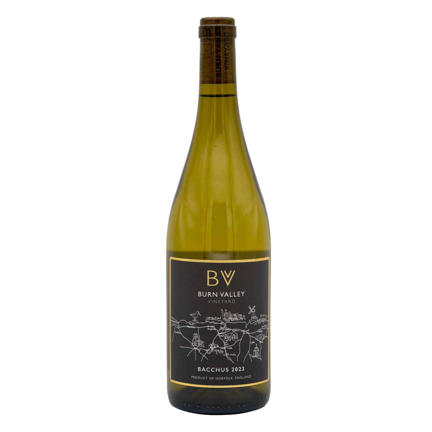 Bottle of Burn Valley Vineyard Bacchus white wine with a label featuring the BURN VALLEY brand and vineyard imagery.