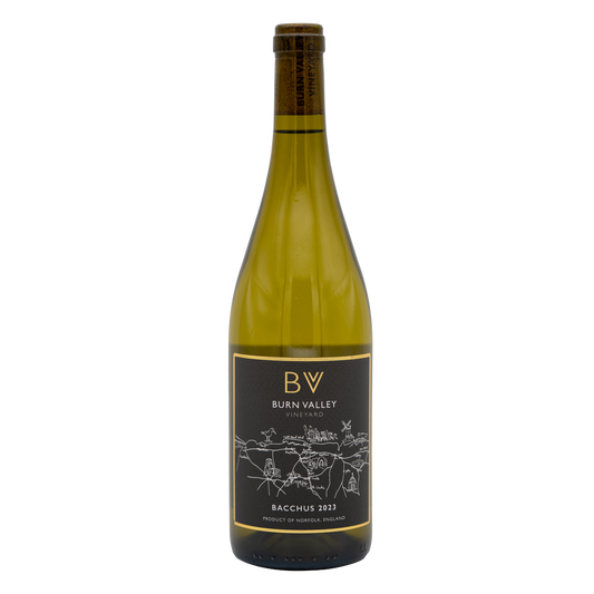Bottle of Burn Valley Vineyard Bacchus white wine with a label featuring the BURN VALLEY brand and vineyard imagery.