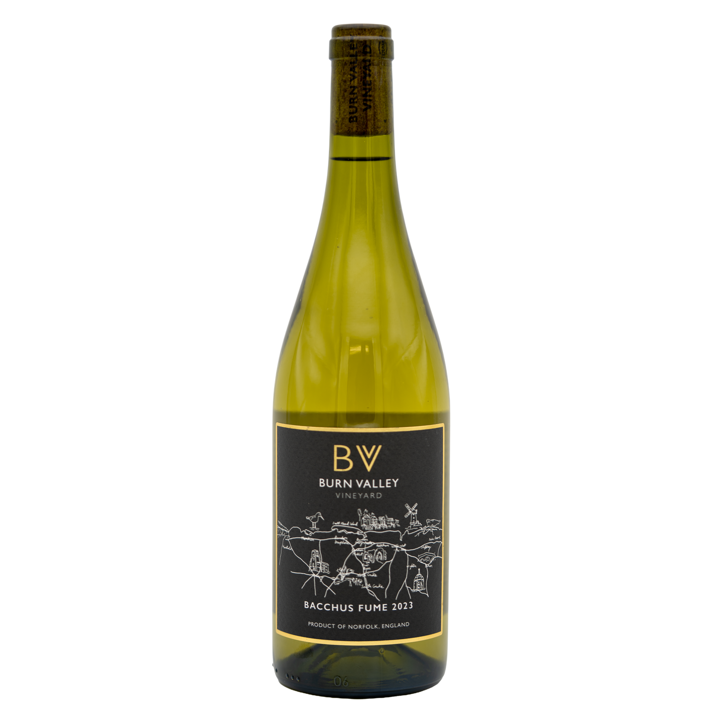 Bottle of Burn Valley Vineyard Bacchus Fumé white wine from Burn Valley, showcasing the label and clear glass bottle.