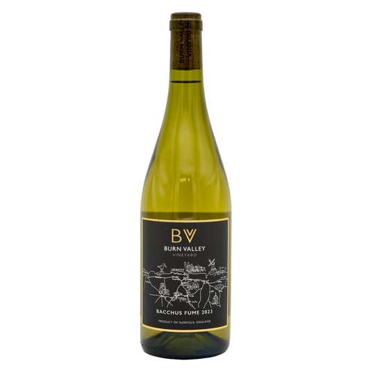 Bottle of Burn Valley Vineyard Bacchus Fumé white wine from Burn Valley, showcasing the label and clear glass bottle.