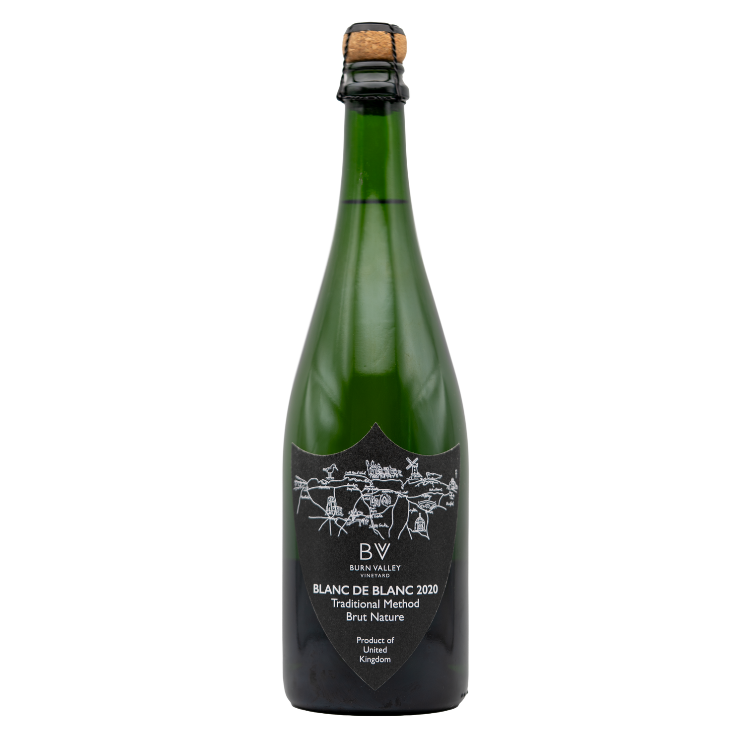 Bottle of Burn Valley Vineyard Blanc de Blanc sparkling wine with a clear label and foil top, set against a neutral background.
