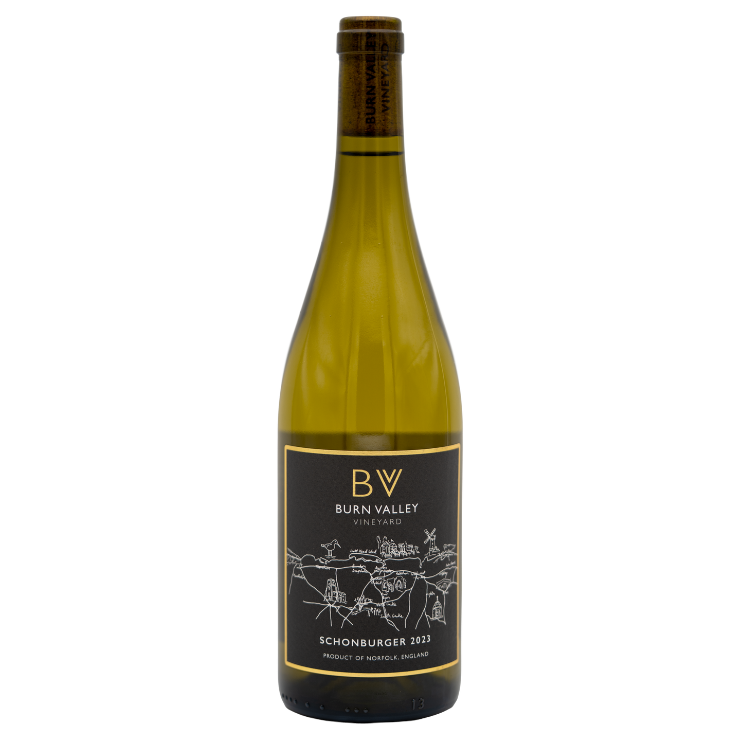 Burn Valley Vineyard Schönburger white wine bottle from BURN VALLEY, featuring a label with elegant design and golden accents.