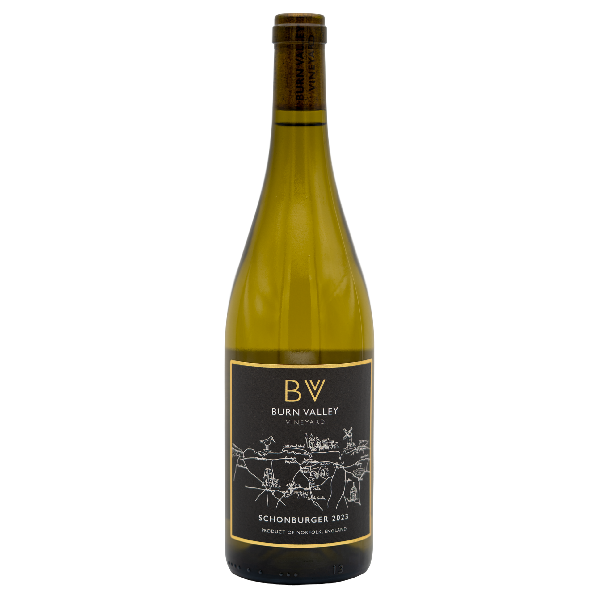 Burn Valley Vineyard Schönburger white wine bottle from BURN VALLEY, featuring a label with elegant design and golden accents.