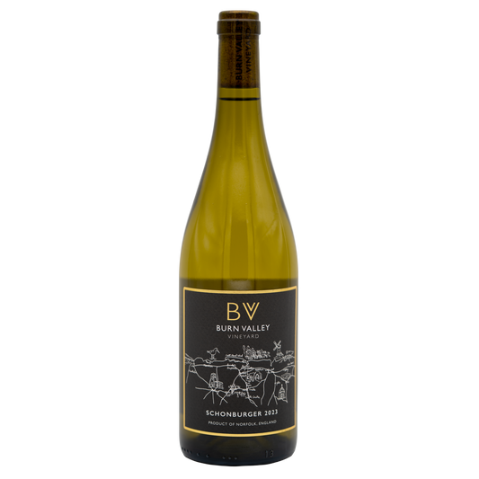 Burn Valley Vineyard Schönburger white wine bottle from BURN VALLEY, featuring a label with elegant design and golden accents.