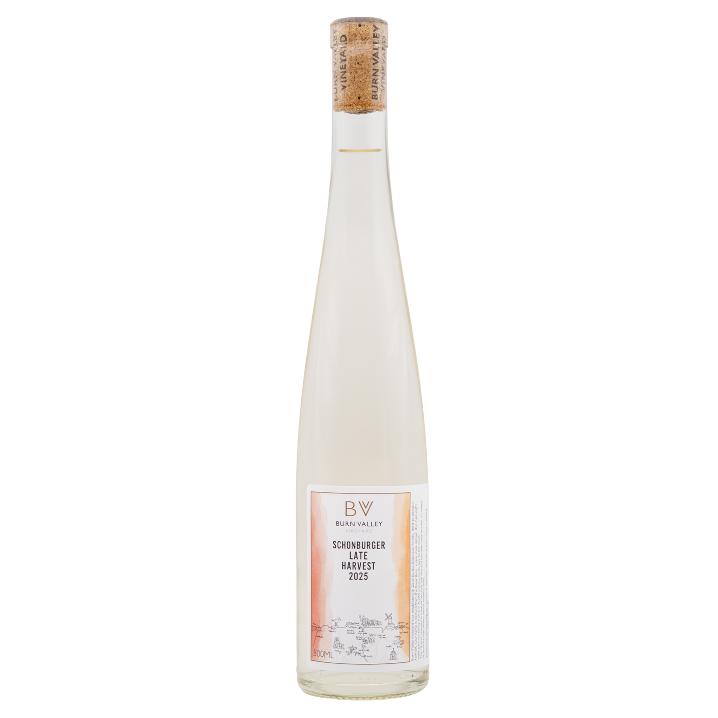 Bottle of Burn Valley Vineyard Schönburger Late Harvest white wine, labeled with BURN VALLEY brand, resting on a wooden surface.