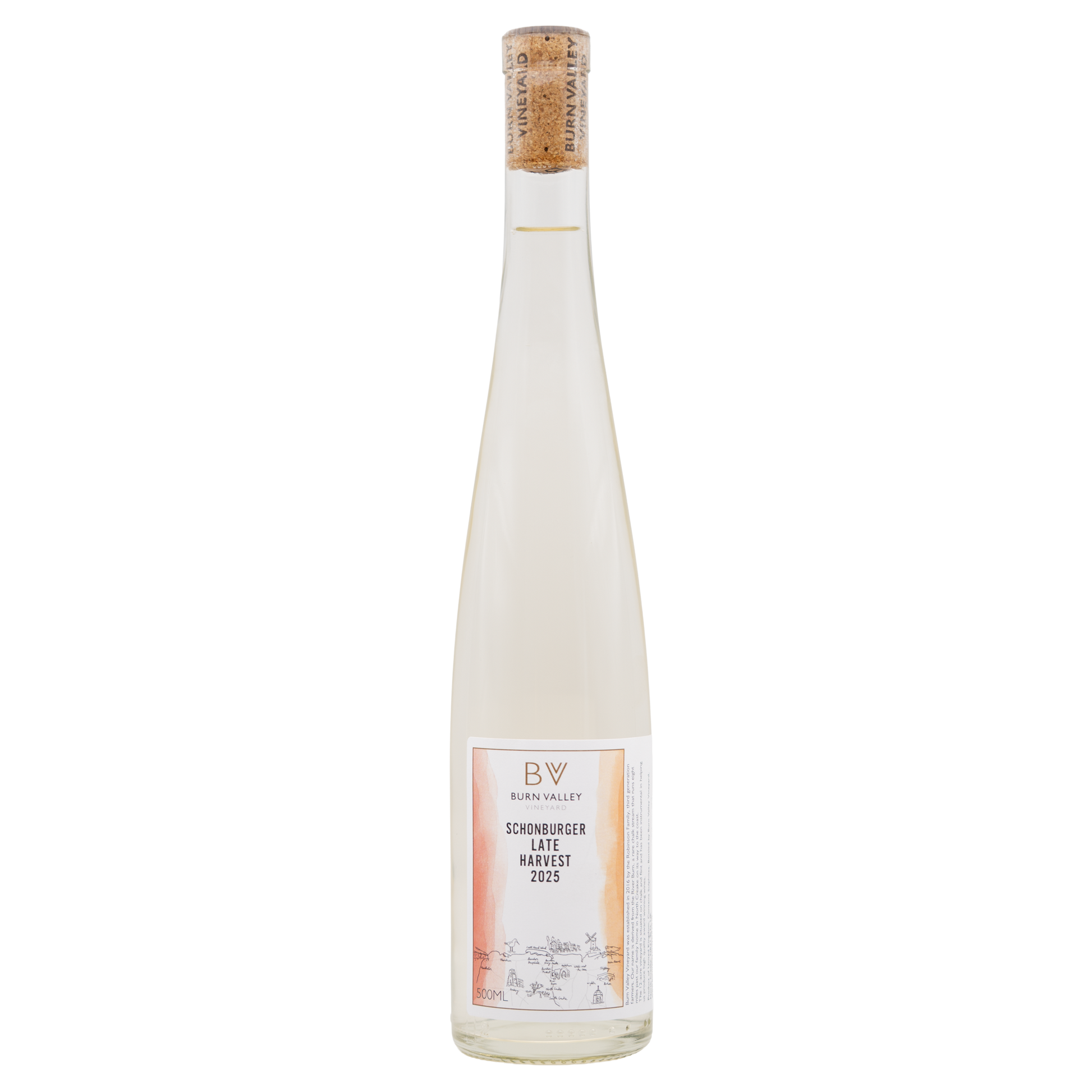 Bottle of Burn Valley Vineyard Schönburger Late Harvest white wine, labeled with BURN VALLEY brand, resting on a wooden surface.