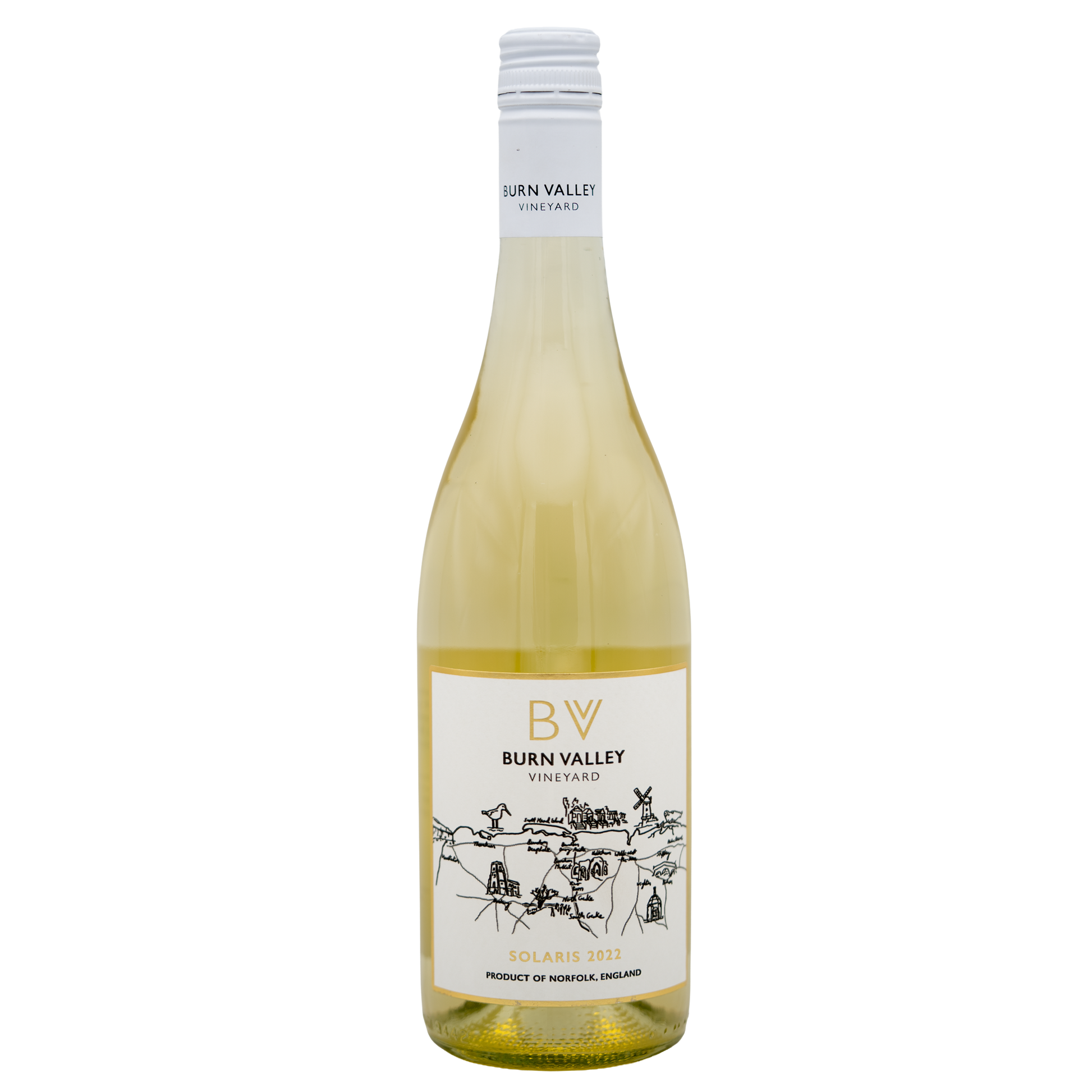 Burn Valley Vineyard Solaris white wine bottle from BURN VALLEY with a label featuring a scenic vineyard illustration.