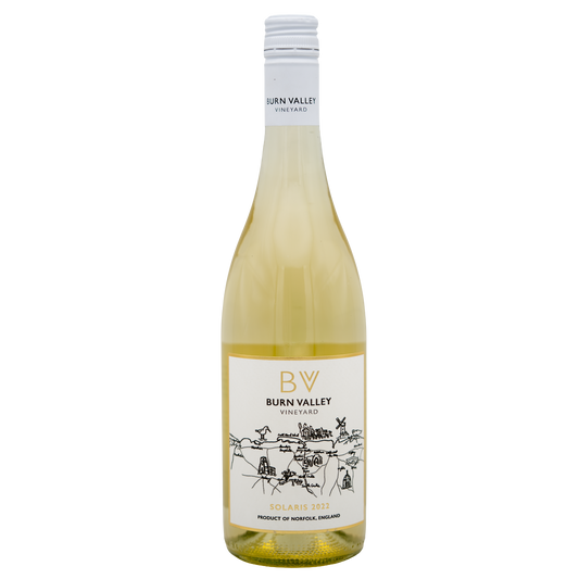 Burn Valley Vineyard Solaris white wine bottle from BURN VALLEY with a label featuring a scenic vineyard illustration.