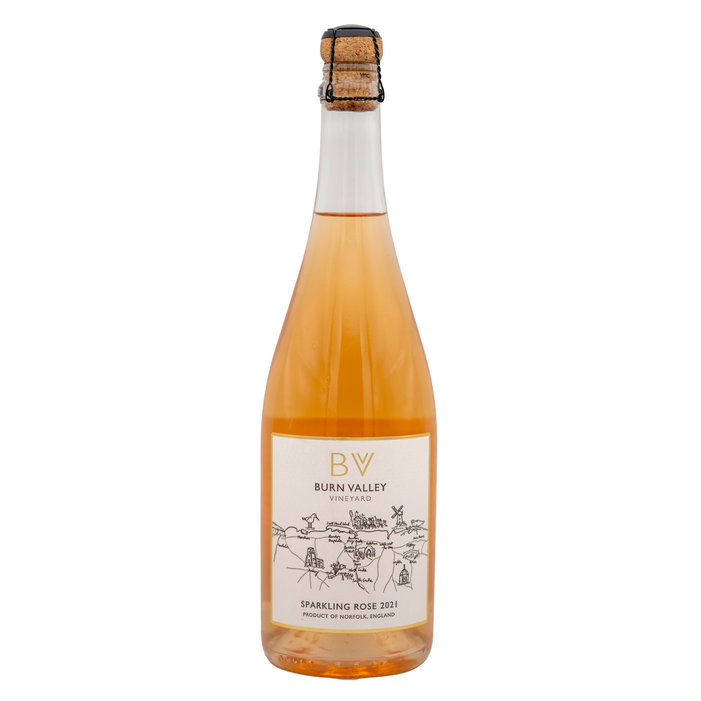 Bottle of Burn Valley Vineyard Sparkling Rosé sparkling wine with a pink label and foil top, showcasing elegant bubbles and a celebratory feel.