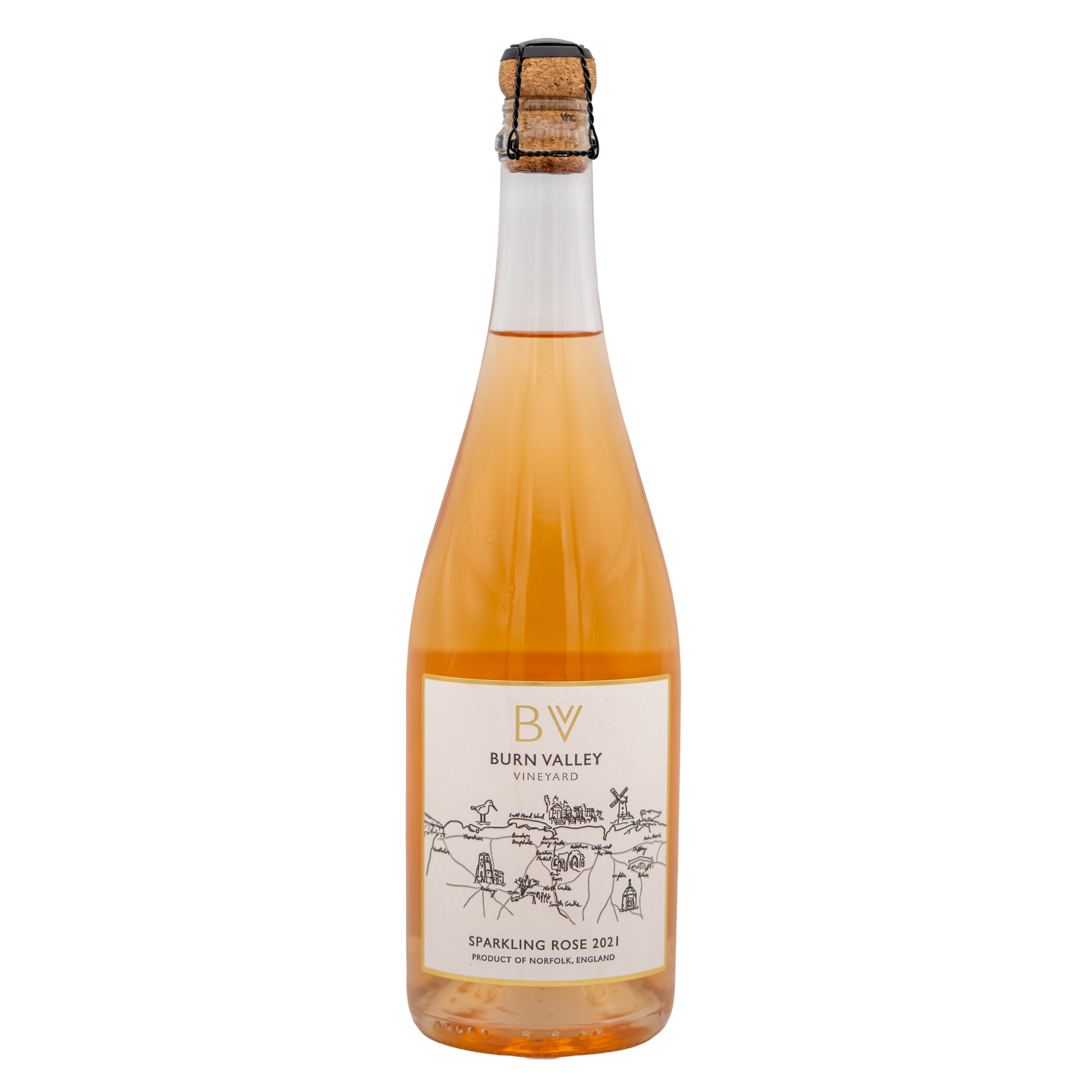 Bottle of Burn Valley Vineyard Sparkling Rosé sparkling wine with a pink label and foil top, showcasing elegant bubbles and a celebratory feel.