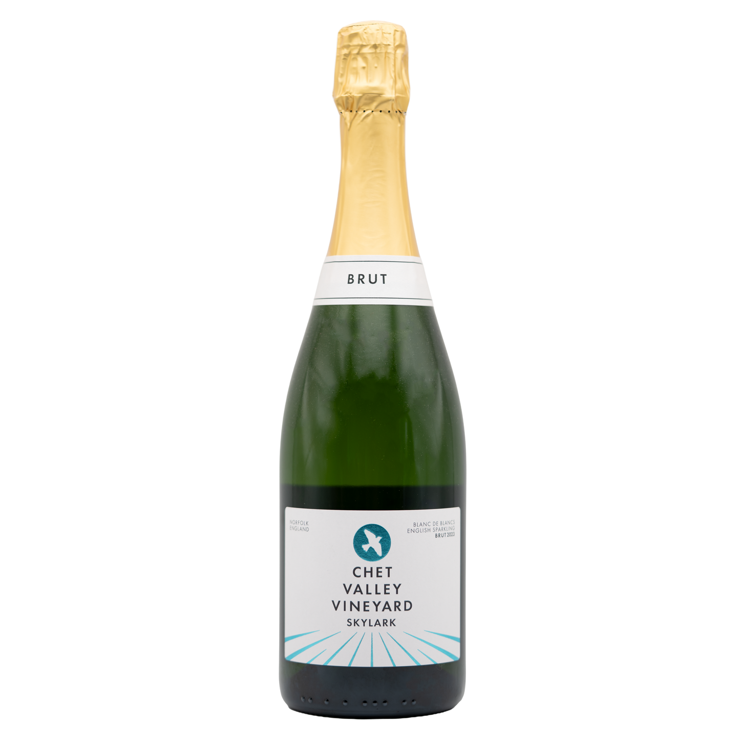 Chet Valley Skylark Brut Blanc de Blancs sparkling wine bottle with a clear label and foil top on a white background