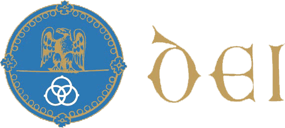 A blue circular emblem with a gold eagle and white interlocking rings, placed beside the gold stylized text 'del' on a white background.
