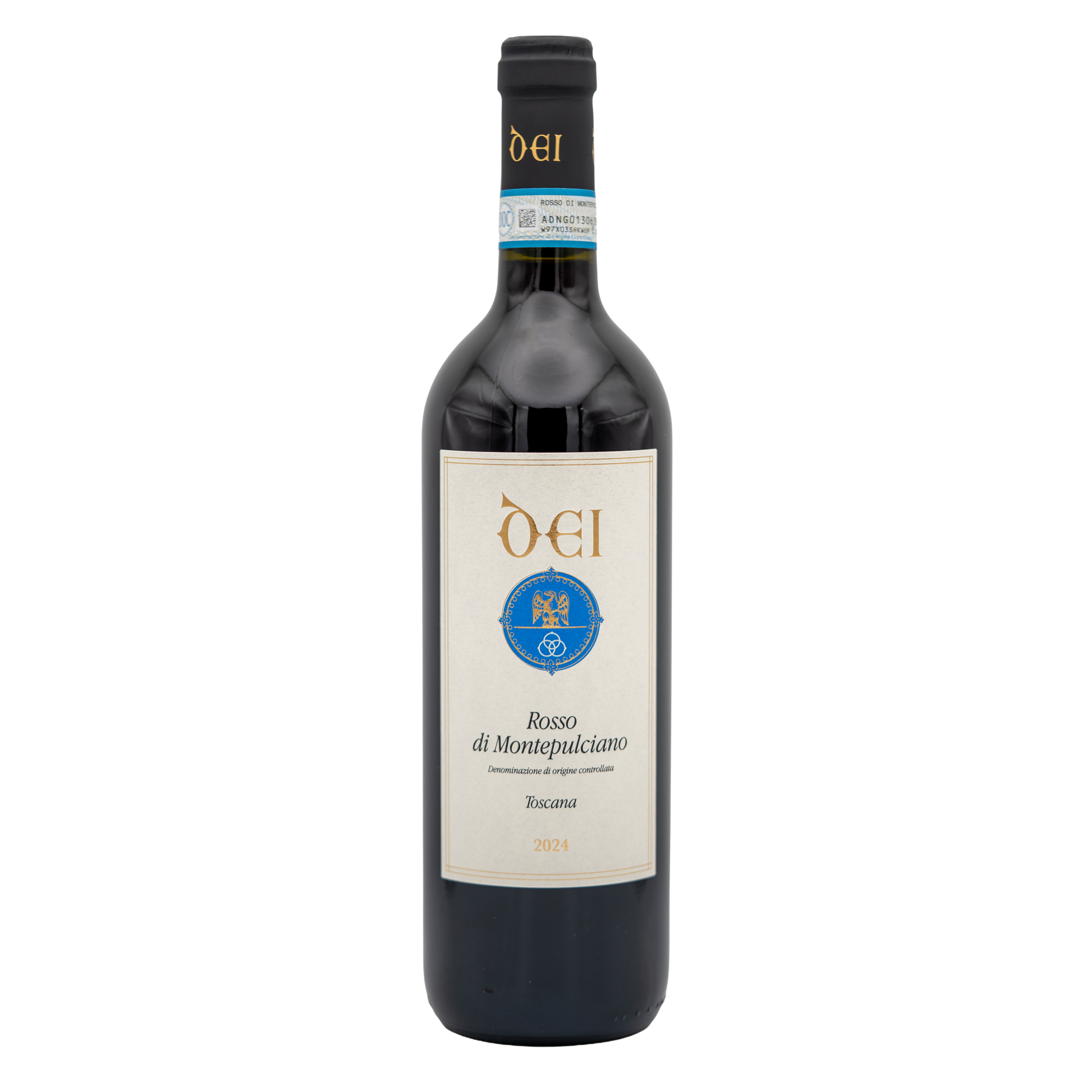 Bottle of LEA AND SANDEMAN Cantine Dei Rosso di Montepulciano red wine with label visible in a clear glass bottle.