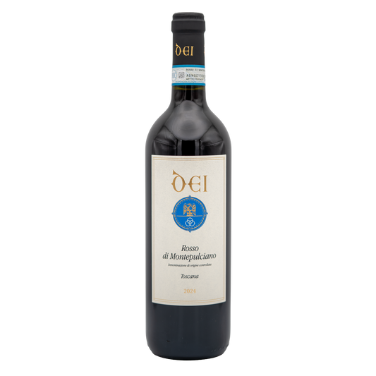 Bottle of LEA AND SANDEMAN Cantine Dei Rosso di Montepulciano red wine with label visible in a clear glass bottle.