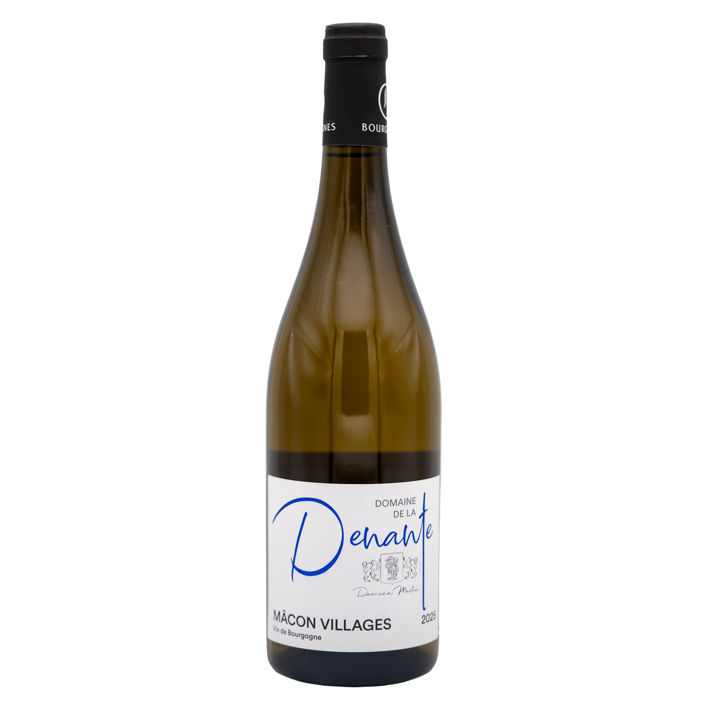 LEA AND SANDEMAN Domaine de la Denante Mâcon Villages white wine bottle, elegant label, clear glass showing golden wine
