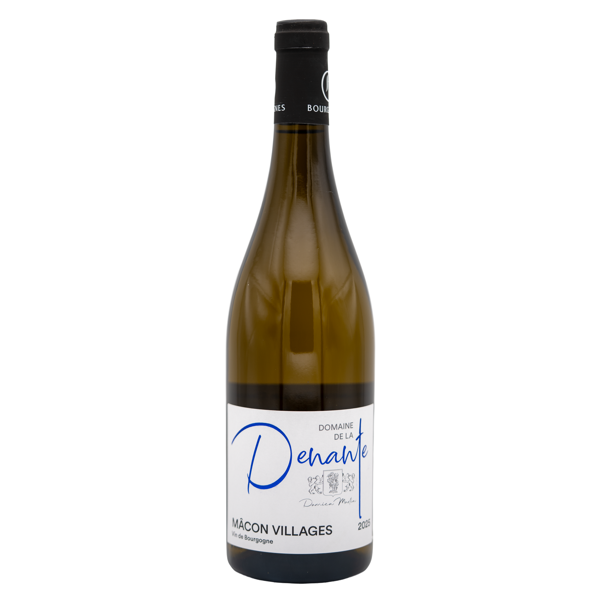 LEA AND SANDEMAN Domaine de la Denante Mâcon Villages white wine bottle, elegant label, clear glass showing golden wine