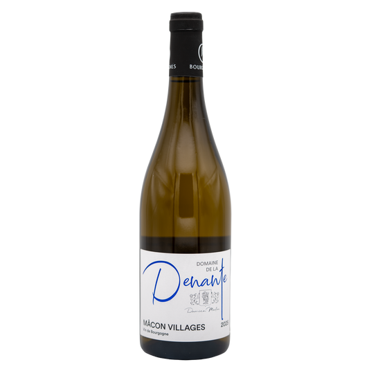 LEA AND SANDEMAN Domaine de la Denante Mâcon Villages white wine bottle, elegant label, clear glass showing golden wine