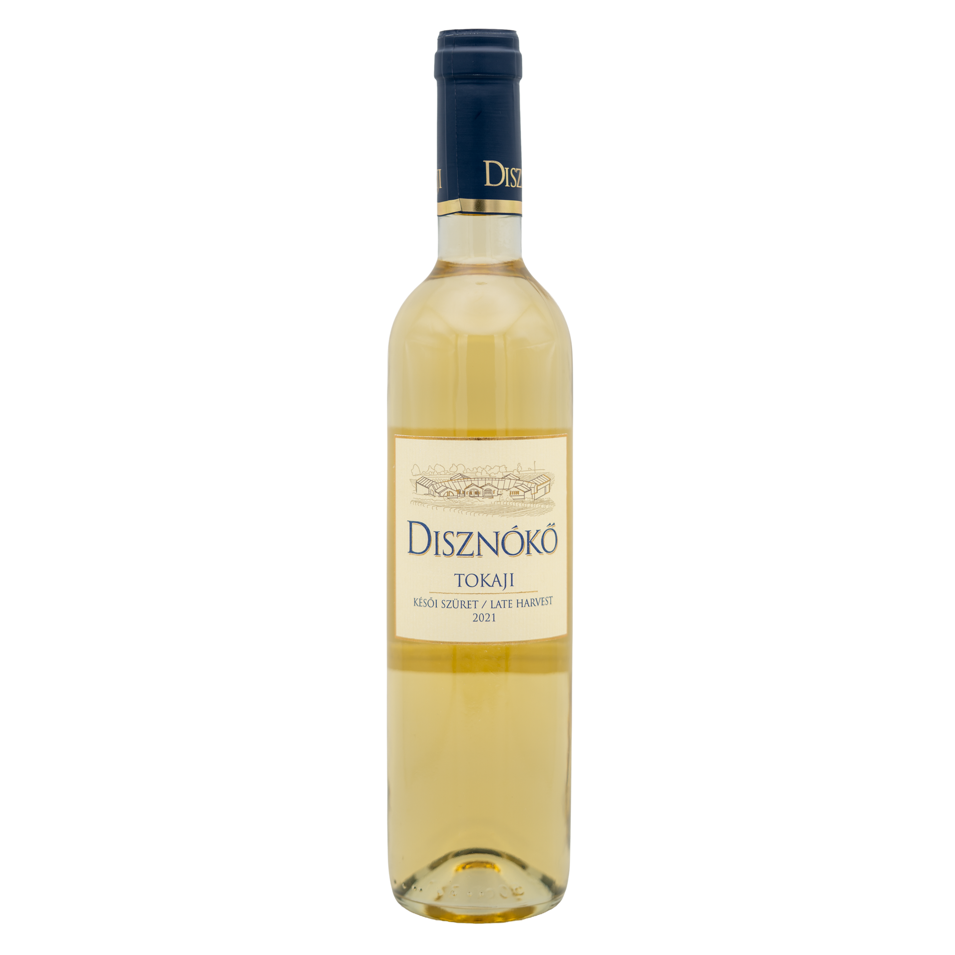 Disznókő Tokaji Late Harvest white wine bottle with label, showcasing elegant packaging and golden accents.