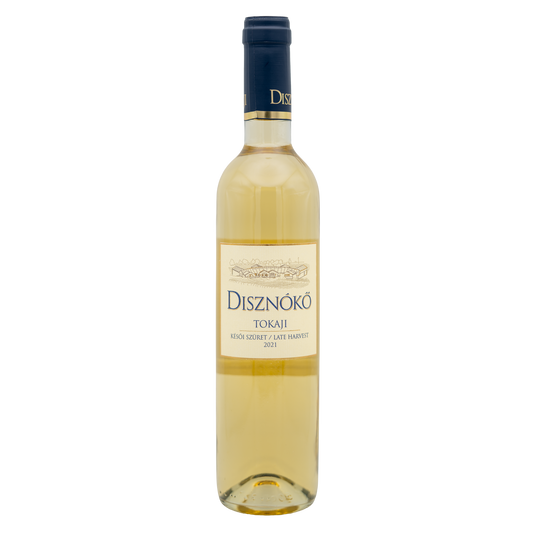 Disznókő Tokaji Late Harvest white wine bottle with label, showcasing elegant packaging and golden accents.