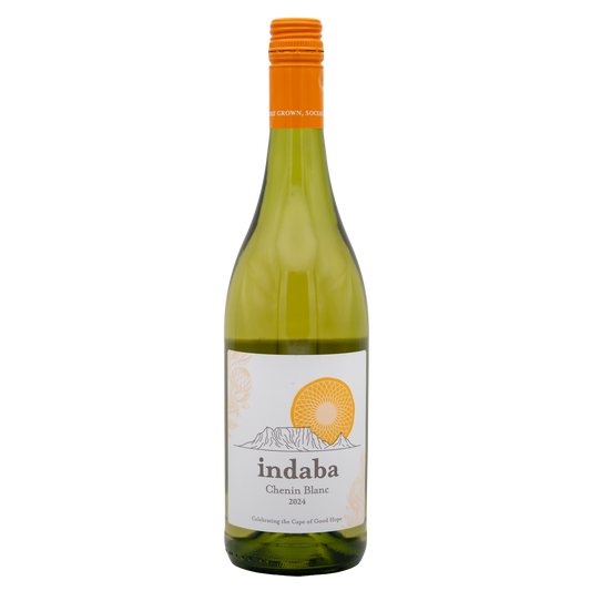 LEA AND SANDEMAN Indaba Western Cape Chenin Blanc white wine bottle with label and glass of wine in the background