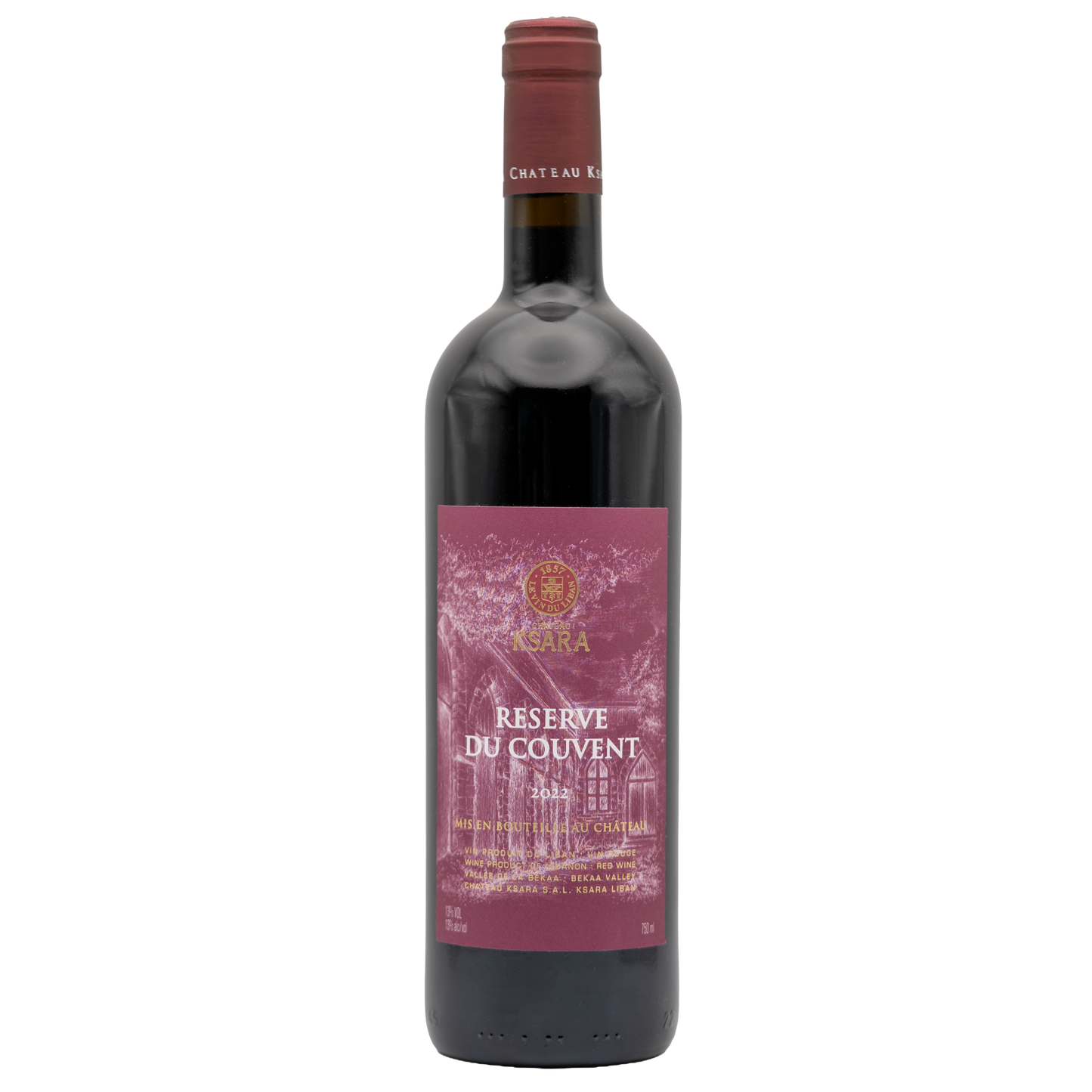 Bottle of Château Ksara Réserve du Couvent red wine by Berkmann Cellars, showcasing a dark glass bottle with a detailed label.