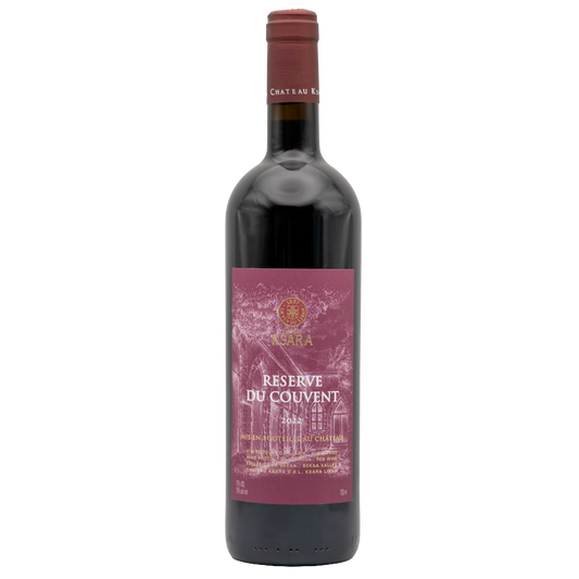 Bottle of Château Ksara Réserve du Couvent red wine by Berkmann Cellars, showcasing a dark glass bottle with a detailed label.