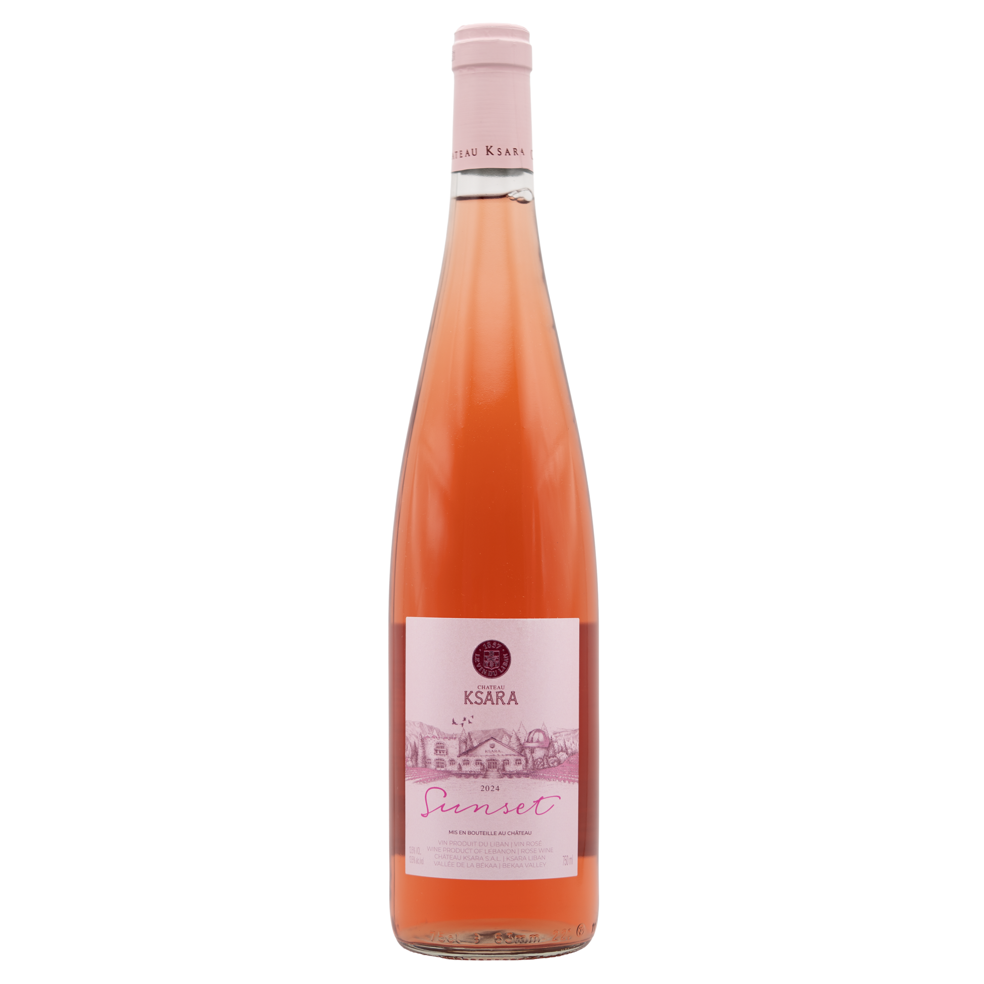 Château Ksara Sunset Rosé wine bottle from BERKMANN CELLARS with a sunset-themed label, displayed on a wooden surface.