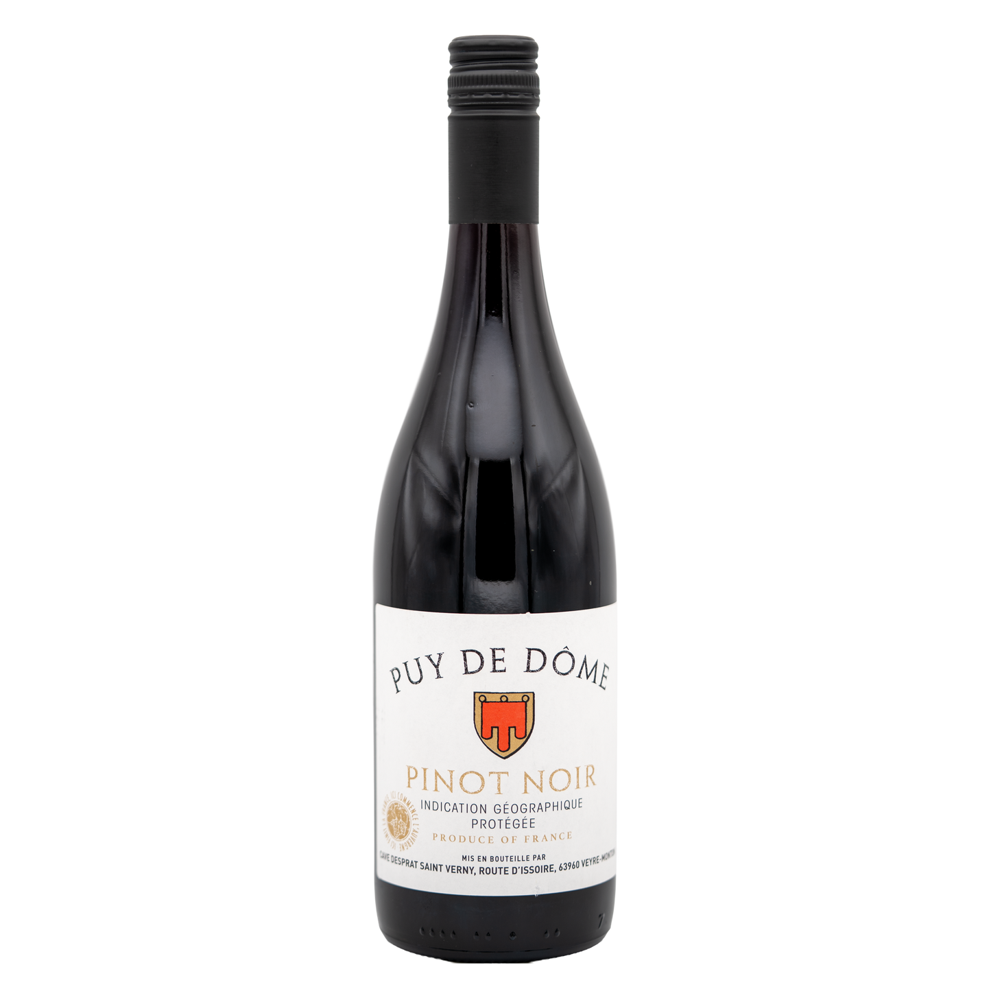 Bottle of Cave de Verny Puy-de-Dôme Pinot Noir red wine by Lea and Sandeman, with a dark glass and wine label visible.