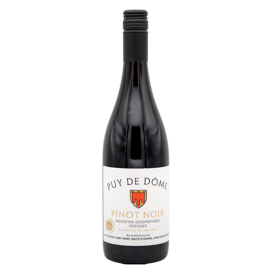 Bottle of Cave de Verny Puy-de-Dôme Pinot Noir red wine by Lea and Sandeman, with a dark glass and wine label visible.
