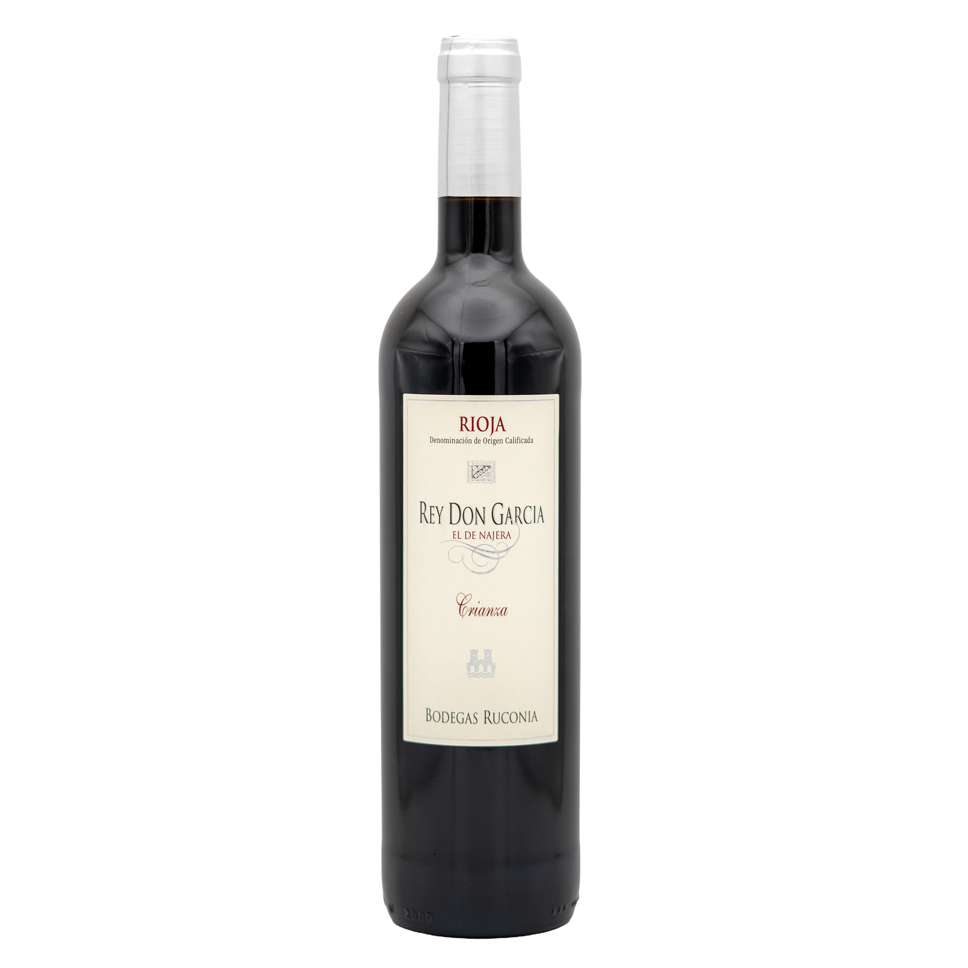 Bodegas Ruconia Rey Don García Rioja Crianza red wine bottle with label, showcasing its elegant design and deep red color.
