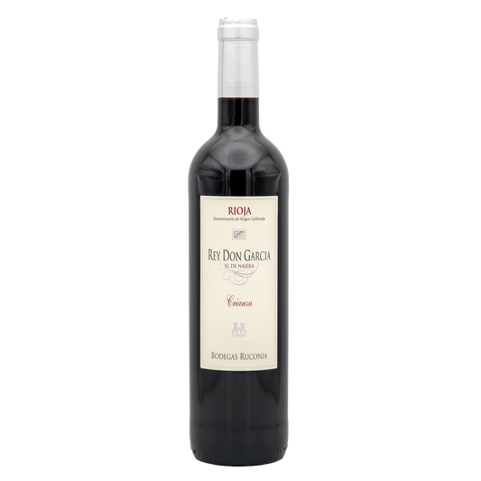 Bodegas Ruconia Rey Don García Rioja Crianza red wine bottle with label, showcasing its elegant design and deep red color.