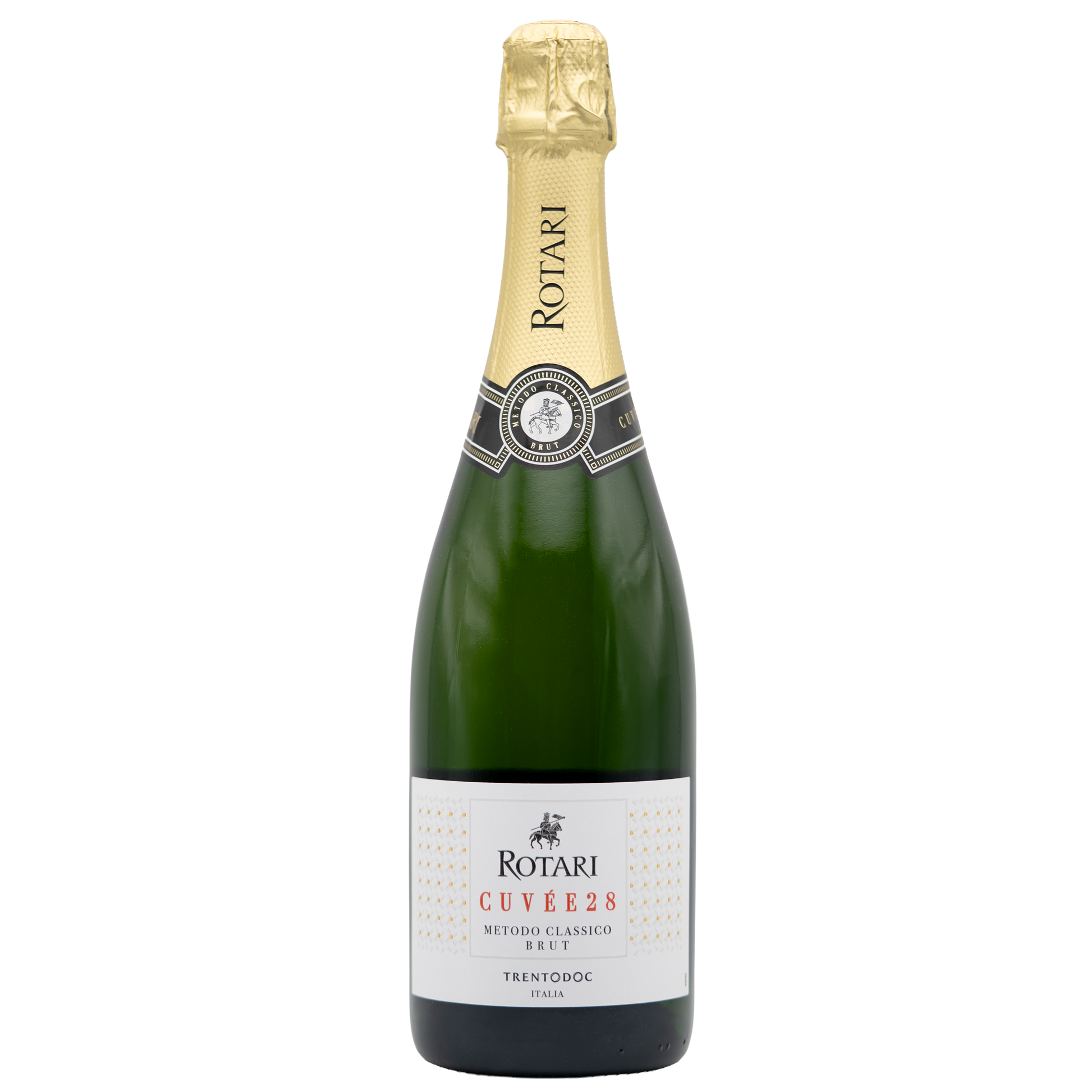 Bottle of Rotari Cuvée 28 Brut Trentodoc sparkling wine from BERKMANN CELLARS with a clear label and foil top.