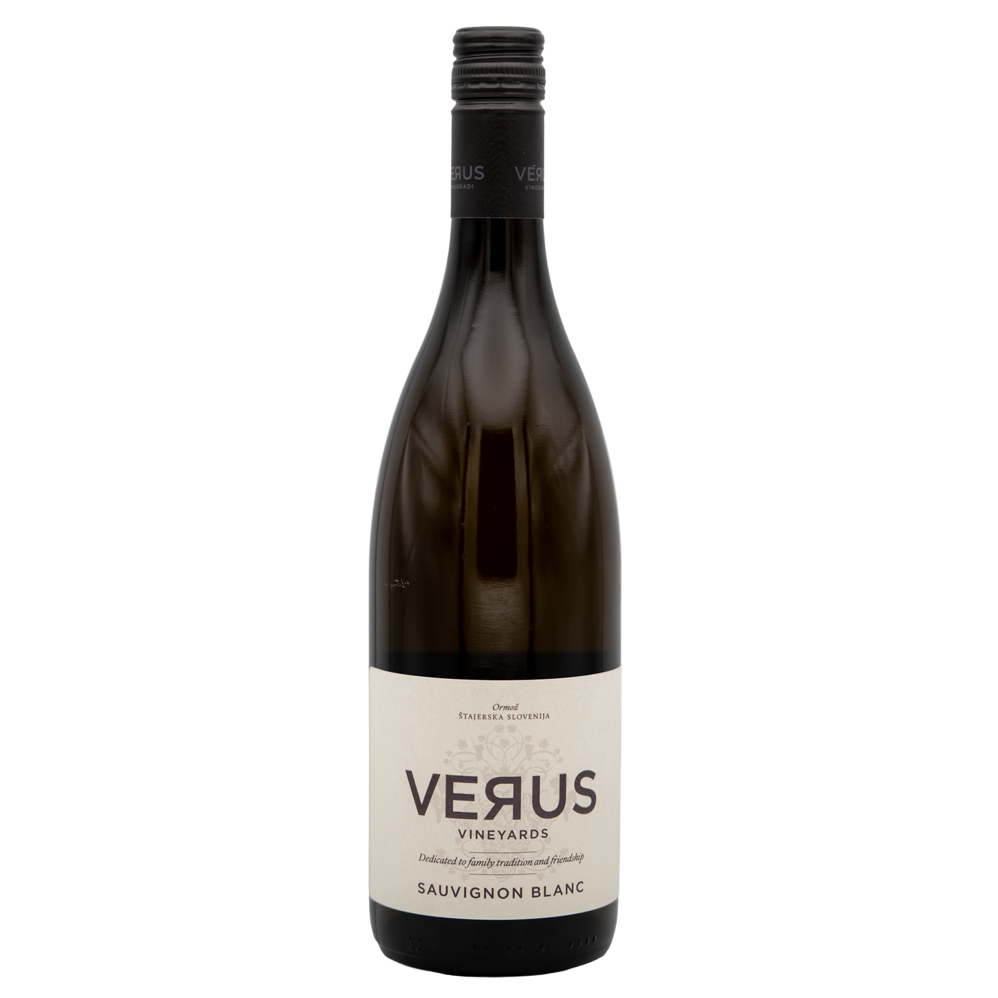 Bottle of Verus Sauvignon Blanc white wine by LEA AND SANDEMAN with a clear label and a glass of wine beside it.