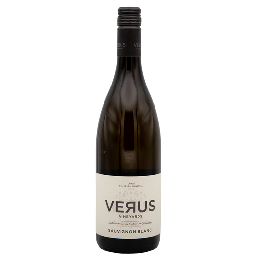 Bottle of Verus Sauvignon Blanc white wine by LEA AND SANDEMAN with a clear label and a glass of wine beside it.