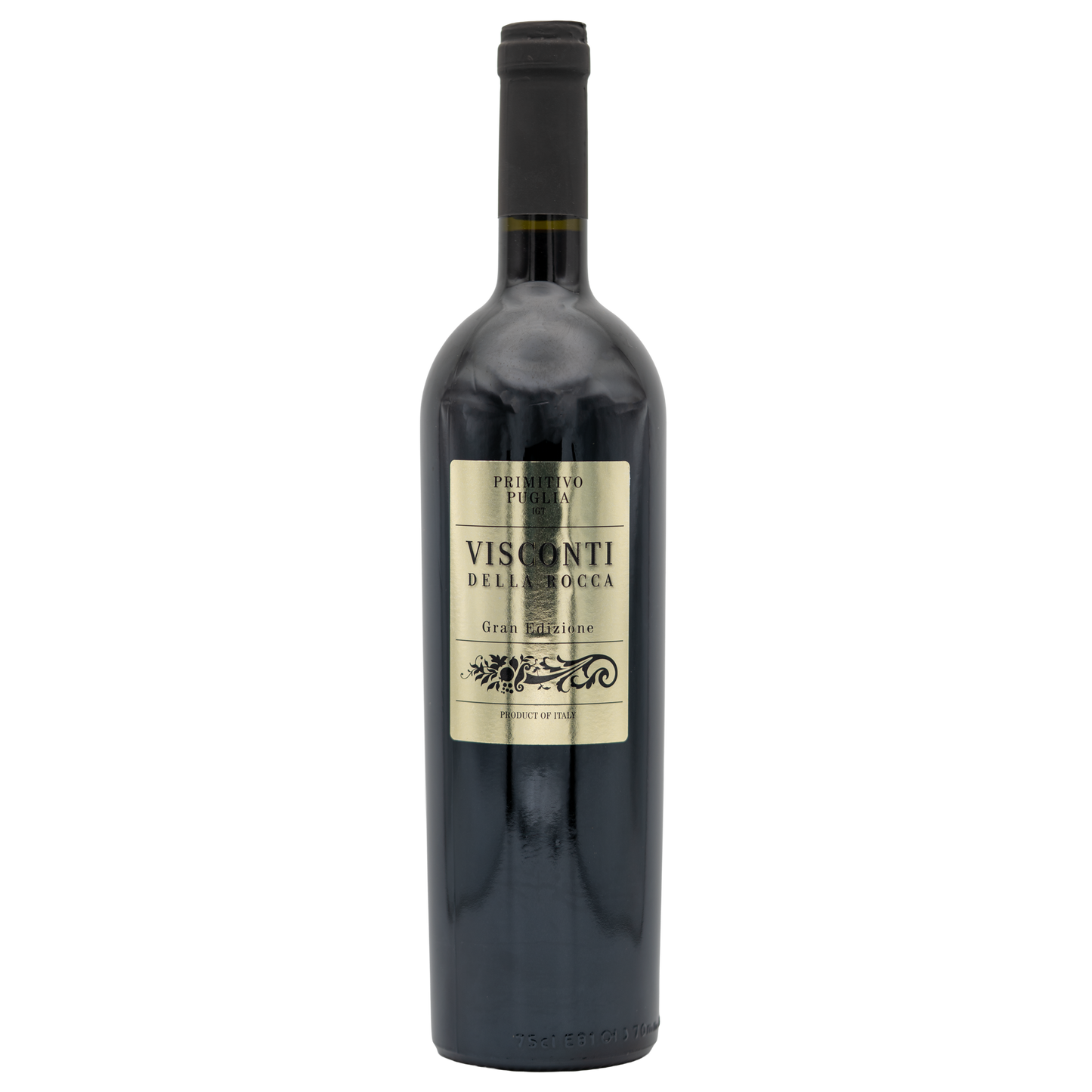 Glass of Visconti della Rocca Primitivo red wine from Berkman Cellars in a clear wine glass on a neutral background.