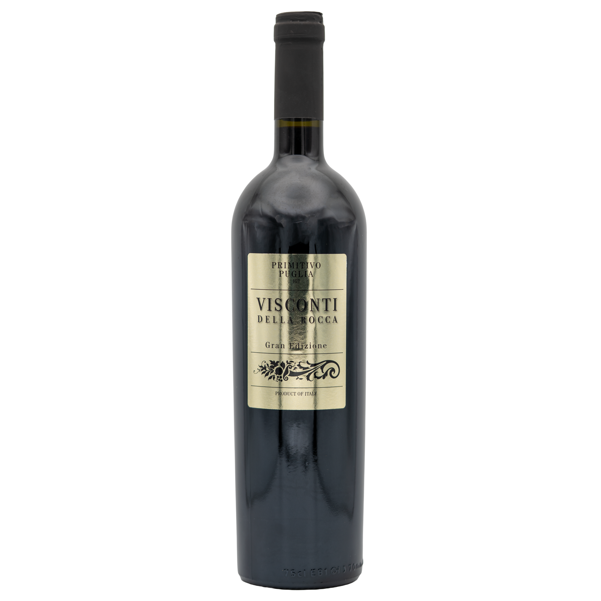 Glass of Visconti della Rocca Primitivo red wine from Berkman Cellars in a clear wine glass on a neutral background.