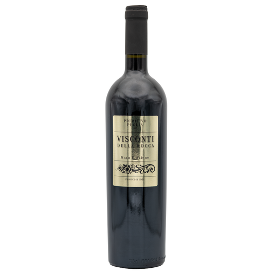 Glass of Visconti della Rocca Primitivo red wine from Berkman Cellars in a clear wine glass on a neutral background.